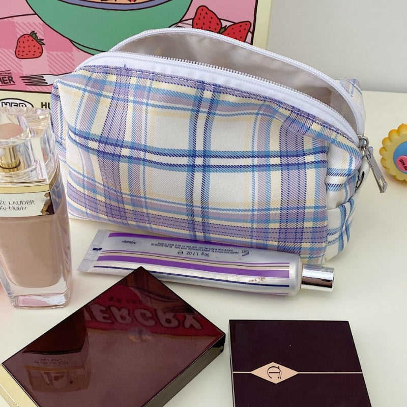 Plaid Cosmetic Bags Women Zipper Pencil Cases Korean Style Girl Toiletries Bag Panelled Makeup Wash Ins Portable All-match Cute