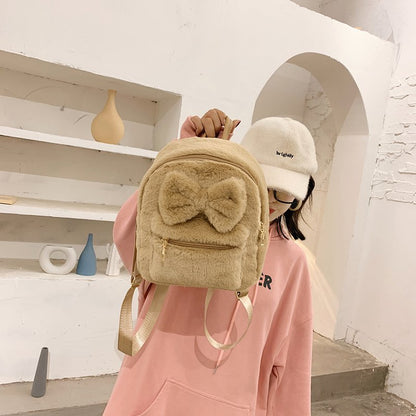 Kawaii Bow Plush Women Backpacks Soft Fluffy Bags Furry Bags For Women Faux Fur Shoulders Bag Winter New Bags Mini Backpack