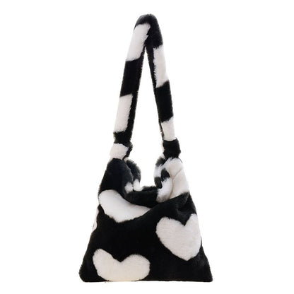 Women Fluffy Plush Shoulder Bag Fashion Ladies Heart Crossbody Bag Autumn Winter Tote Bag Soft Messenger Bag Shopper Bag