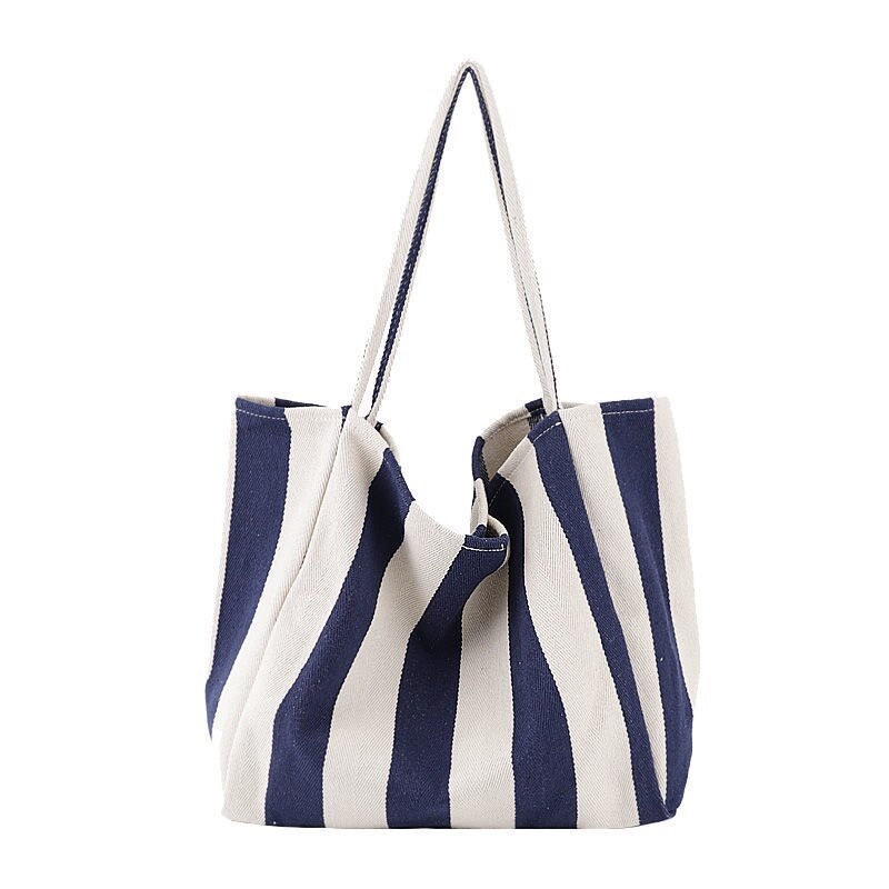 Women Canvas Shopping Bags Large Capacity Grocery Bag Shoulder Bags Handbag Tote Bag Casual Ladies Striped Shoulder Bag