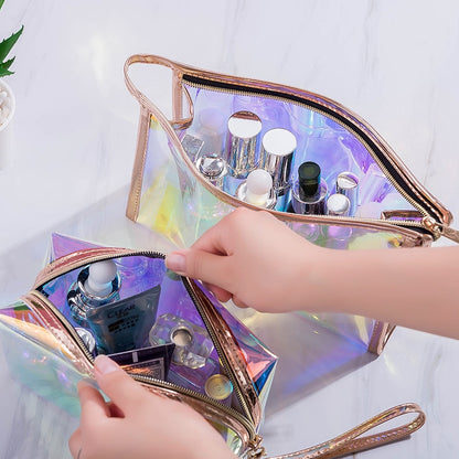 PURDORED 1 Pc Colorful Holographic Women Cosmetic Bag TPU Clear Makeup Bag Beauty Organizer Pouch Travel Clear Makeup Kit Case