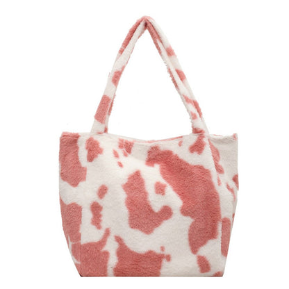 Fashion Plush Cow Milk Print Shoulder Bag Women Casual Large Capacity Shopping Bags Female Autumn Winter Tote Handbags