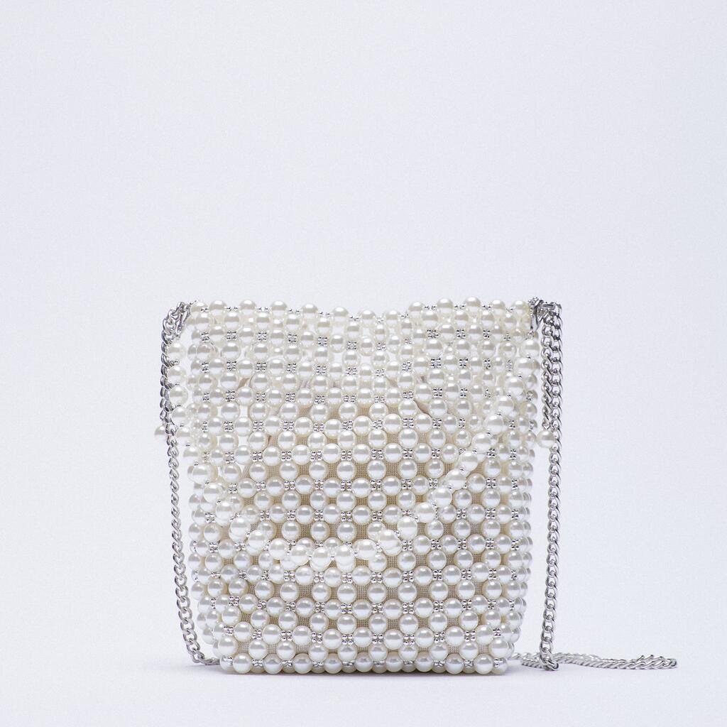 ZA New Pearl Beaded Bag White Beaded Fairy Portable Messenger Bags with Chain Female Purses and Handbags Cross Body Bag Woman