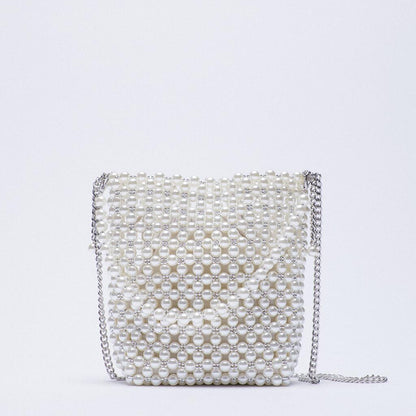 ZA New Pearl Beaded Bag White Beaded Fairy Portable Messenger Bags with Chain Female Purses and Handbags Cross Body Bag Woman