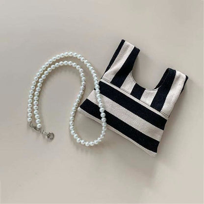 Shoulder Bags Women Vintage Striped Canvas Bag Pearls Beading Cross Body Cute Korean Style Design Handbags Female Elegant Chic