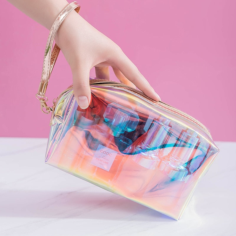 PURDORED 1 Pc Colorful Holographic Women Cosmetic Bag TPU Clear Makeup Bag Beauty Organizer Pouch Travel Clear Makeup Kit Case