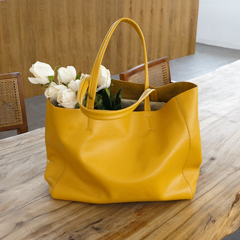 Women Luxury Bag Casual Tote Female Lemon Yellow Fashion Shoulder Handbag Lady Cowhide Genuine Leather Shoulder Shopping Bag