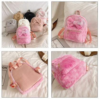 Kawaii Bow Plush Women Backpacks Soft Fluffy Bags Furry Bags For Women Faux Fur Shoulders Bag Winter New Bags Mini Backpack