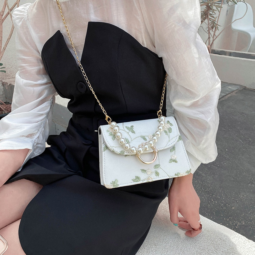 Women PU Net Yarn Flower Embroidery Shoulder Bags Messenger Bags Vintage Pearl Chain Handbags Female Fashion Flap Crossbody Bags