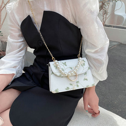 Women PU Net Yarn Flower Embroidery Shoulder Bags Messenger Bags Vintage Pearl Chain Handbags Female Fashion Flap Crossbody Bags