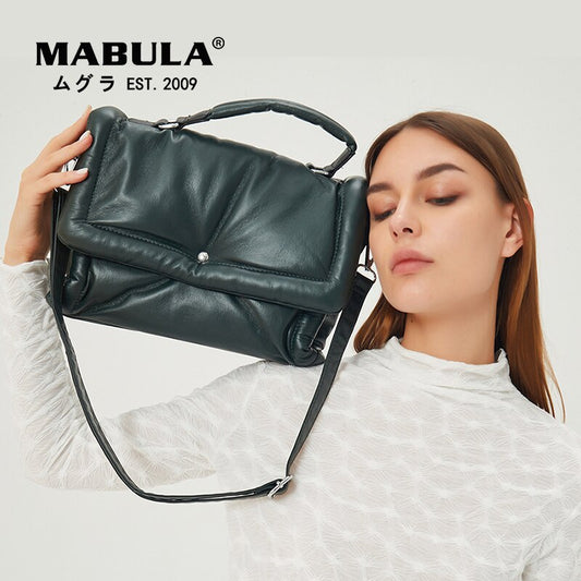 MABULA Women Quilted Design Feather Down Padded Leather Satchels Female Winter Fashion Crossbody Bags Zipper Small Tote Handbag