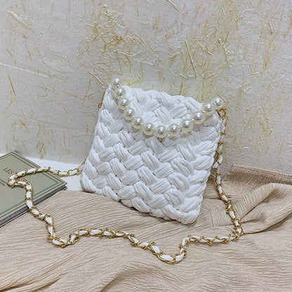 purses and handbags Handmade Cotton Crochet Women's Bag Pearl Chain Mini Portable Shoulder/Crossbody Bag