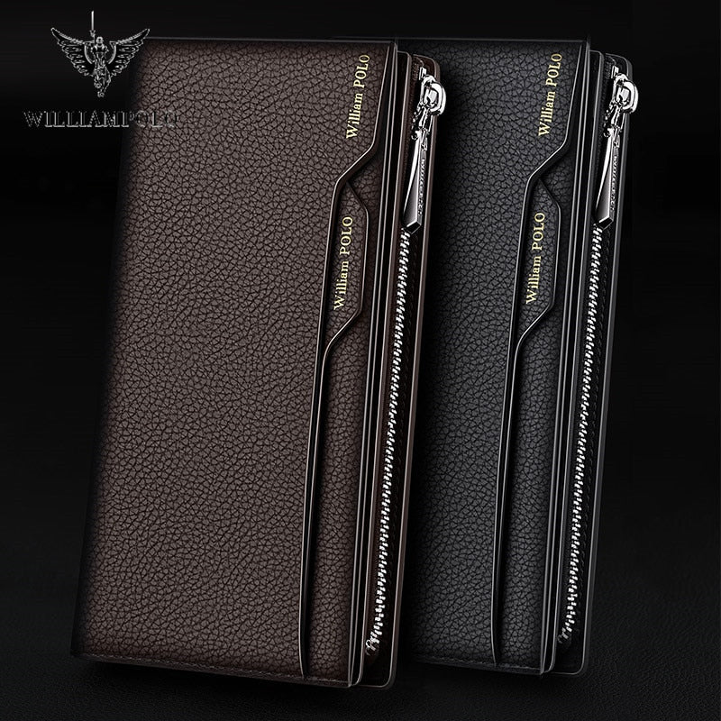 WilliamPOLO Male Genuine Leather Wallets Men Wallet Credit Business Card Holders Fashion Mobile Phone Bag  zipper Purse Handbag