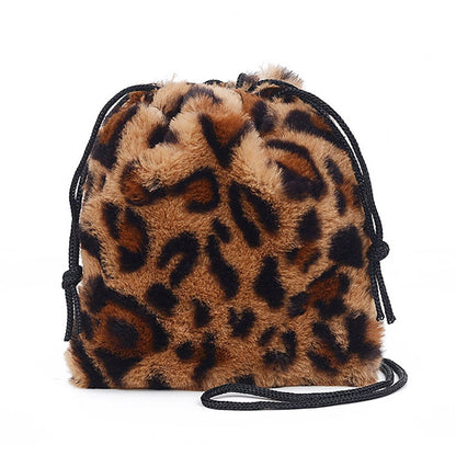 Fashion Cow Milk Leopard Printed Plush Crossbody Bags for Women Girl Drawstring Shoulder Bucket Bags Mini Small Money Pouch