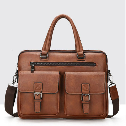 OYIXINGER Men Briefcases Men&#39;s Business Leather Handbag Two Pocket Messenger Bag Soft Handle Laptop Bags Bolso Bandolera Hombre