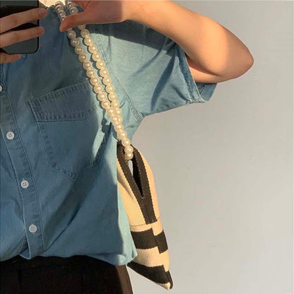 Shoulder Bags Women Vintage Striped Canvas Bag Pearls Beading Cross Body Cute Korean Style Design Handbags Female Elegant Chic