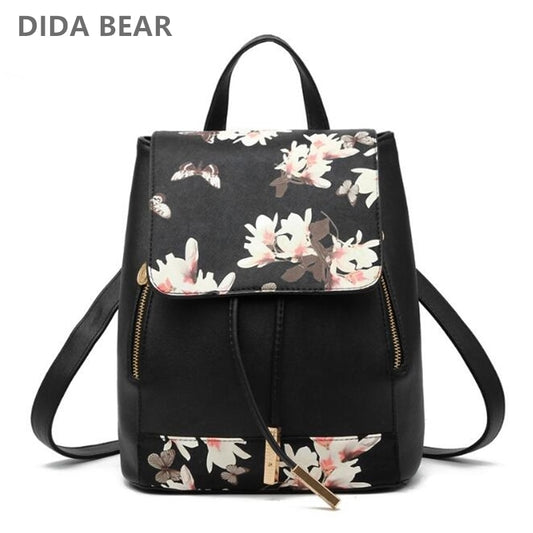 DIDA BEAR Women PU Leather Backpacks Rucksack Schoolbags For Girls Teenagers Bagpack Flower Feather Mochila Feminina Sac A Dos