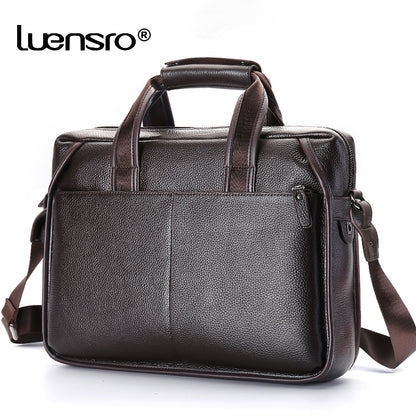 LUENSRO Fashion Men Briefcase Genuine Leather Handbag Male 14 inch Laptop Bag Real Leather Bussiness Shoulder Bag For Men