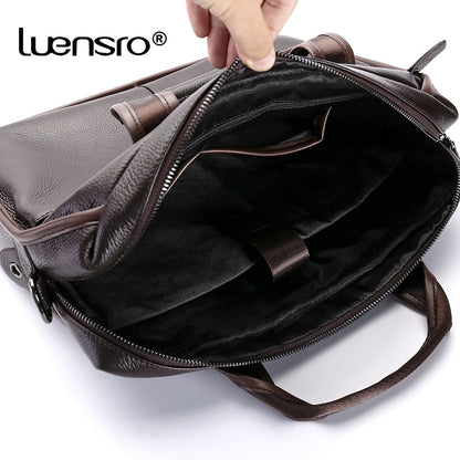 LUENSRO Fashion Men Briefcase Genuine Leather Handbag Male 14 inch Laptop Bag Real Leather Bussiness Shoulder Bag For Men