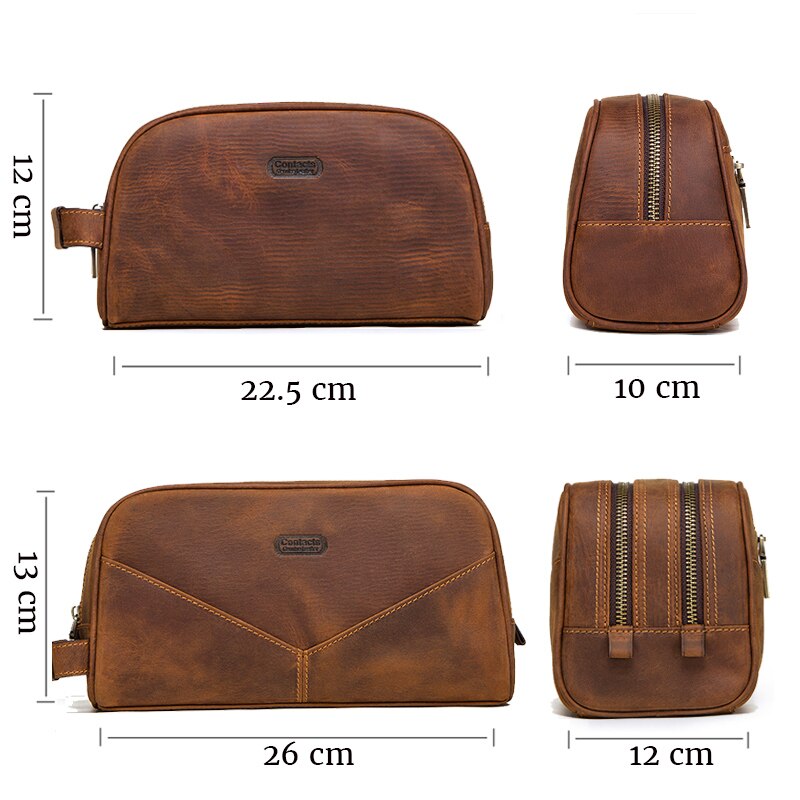 CONTACT&#39;S genuine leather cosmetic bag for men vintage crazy horse leather man make up bags small travel bags male toiletry bag