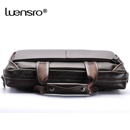 LUENSRO Fashion Men Briefcase Genuine Leather Handbag Male 14 inch Laptop Bag Real Leather Bussiness Shoulder Bag For Men