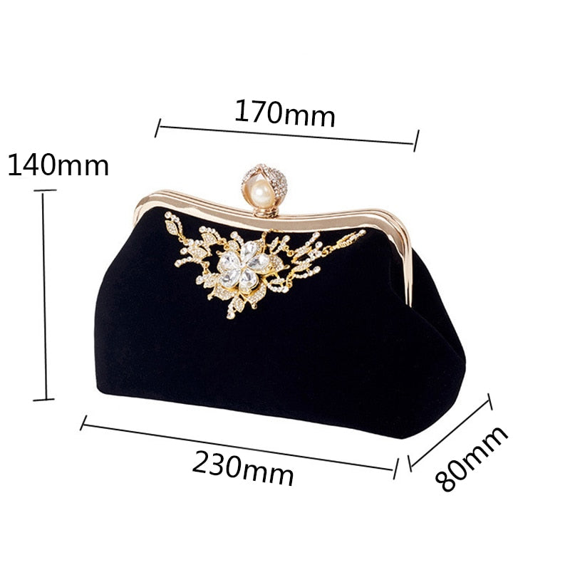Female Diamond Pearl Handbag Vintage Crystal Flower Evening Bag Wedding Party Bride Clutch Bag Purse(Black)