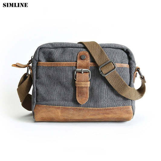 SIMLINE Canvas And Crazy Horse Genuine Leather Messenger Bag Men Vintage Casual Men&#39;s Shoulder Crossbody Bags Handbag For Male