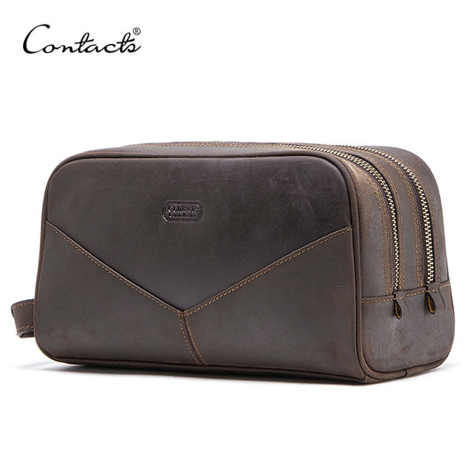 CONTACT&#39;S crazy horse genuine leather men cosmetic bag travel toiletry bag big capacity wash bags man&#39;s make up bags organizer