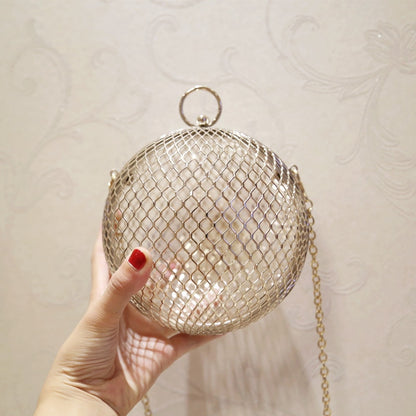 Gold Metal Clutch Bag Luxury Handbags Women Bags Designer Round Mini Hollow Ladies Hand Bag Chain Crossbody Sac Purse