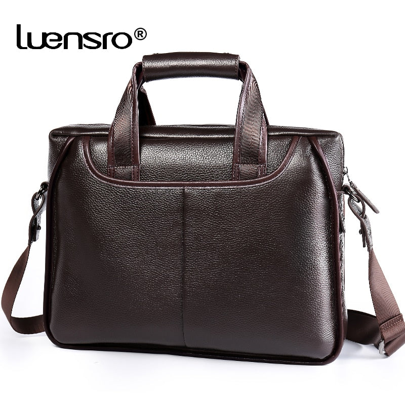 LUENSRO Fashion Men Briefcase Genuine Leather Handbag Male 14 inch Laptop Bag Real Leather Bussiness Shoulder Bag For Men