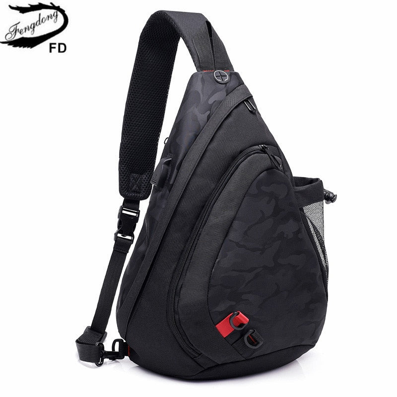 Fengdong waterproof fabric male crossbody bag small black camouflage sling chest bag one shoulder bags for women bagpack daypack