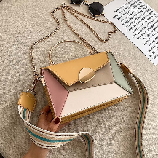 Contrast Color PU Leather Crossbody Bags For Women Chain Handbags With Metal Handle Shoulder Simple Bag Small Kawaii Totes