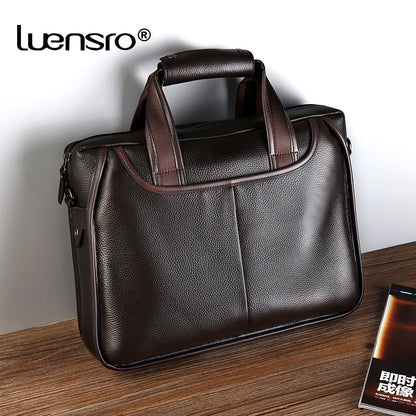 LUENSRO Fashion Men Briefcase Genuine Leather Handbag Male 14 inch Laptop Bag Real Leather Bussiness Shoulder Bag For Men