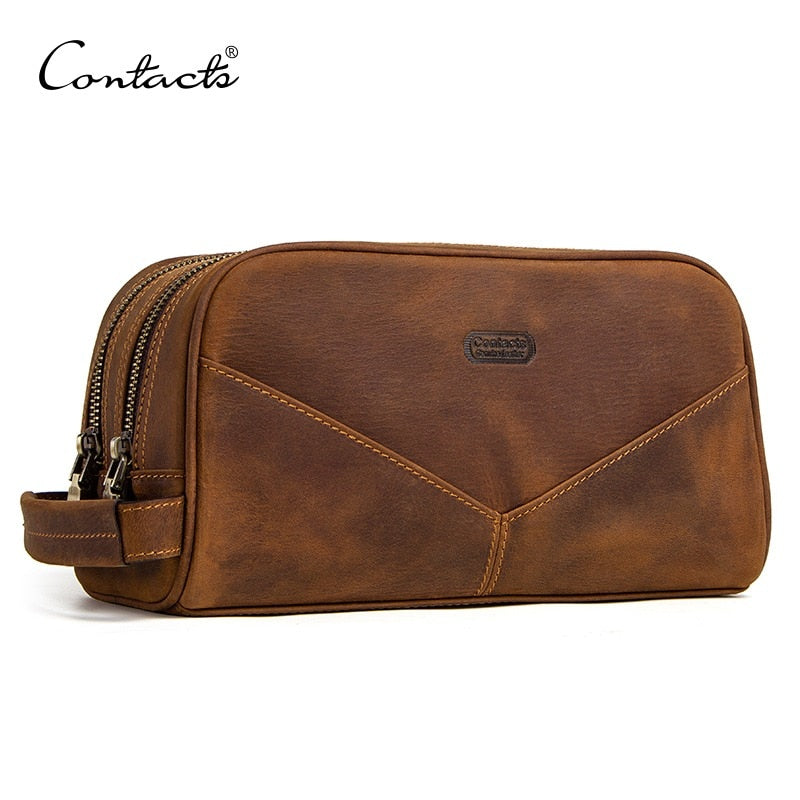 CONTACT&#39;S genuine leather cosmetic bag for men vintage crazy horse leather man make up bags small travel bags male toiletry bag