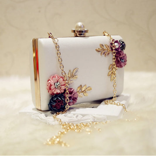 Fashion Women Leather Evening Bag Dinner Party Lady Wedding Flower Clutch Purse(white)