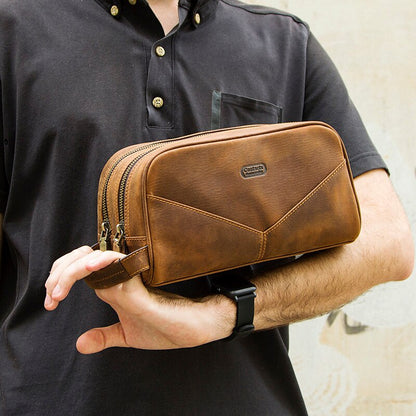 CONTACT&#39;S genuine leather cosmetic bag for men vintage crazy horse leather man make up bags small travel bags male toiletry bag