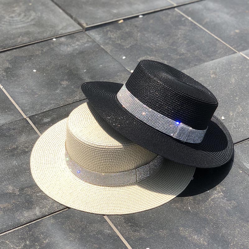 Spring Summer New Retro Gold Braided Flat Head Straw Hat Lady Wide Eaves Sunscreen Sun Hat Diamond Cap 2019 Hot