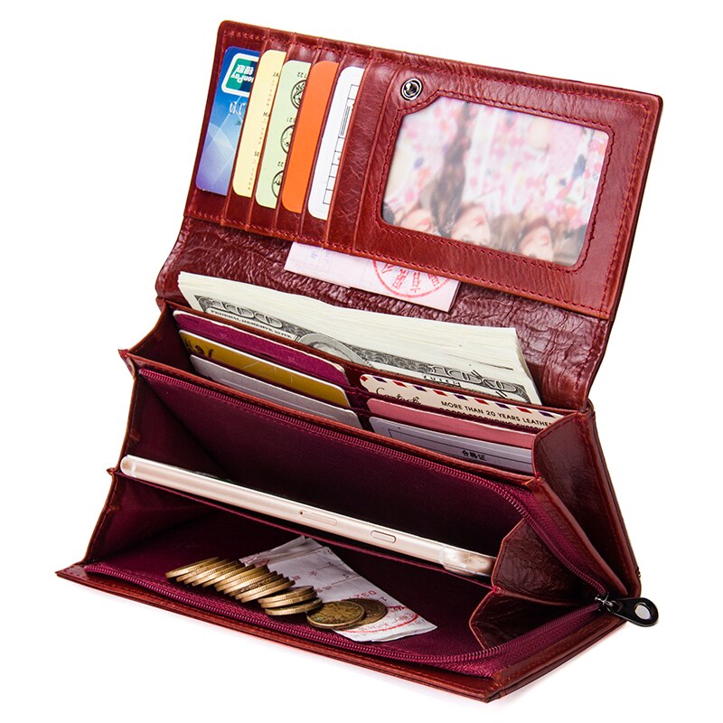 Contact&#39;s Genuine Leather Women Long Purse Female Clutches Money Wallets Brand Design Handbag for Cell Phone Card Holder Wallet