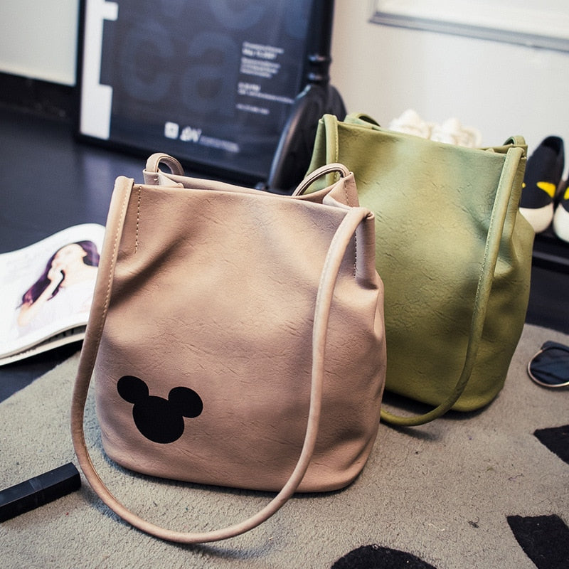 Disney Mickey Mouse Cartoon bucket bag Shoulder Shopper lady handbag women shopping Leisure PU Fashion Satchel