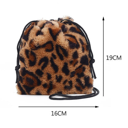 Fashion Cow Milk Leopard Printed Plush Crossbody Bags for Women Girl Drawstring Shoulder Bucket Bags Mini Small Money Pouch