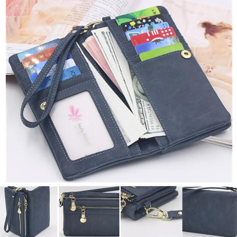 Fashion Women Wallets Dull Polish Leather Wallet Double Zipper Day Clutch Purse Wristlet Portefeuille Handbags Carteira Feminina