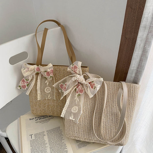 Elegant Women Summer Straw Bag Hand-Woven Underarm Bags Lace Bow Rattan Bag Large Capacity Casual Tote Bags Beach Travel Handbag