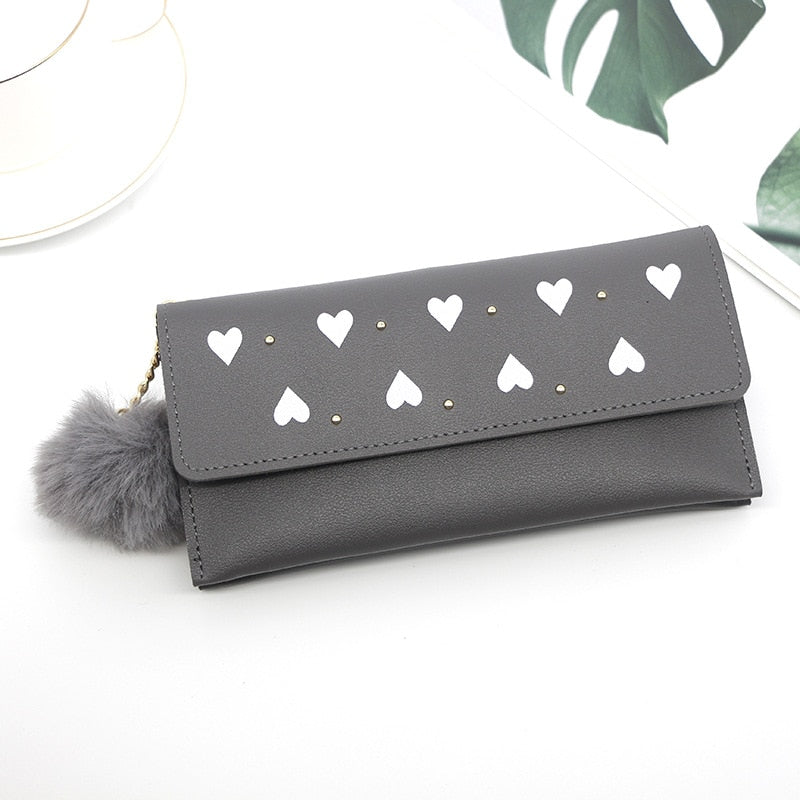 PU Leather Luxury Wallet for Women Card Holder Pure Color Heart-shaped hair Ball Female Purses Long Clutch Carteras
