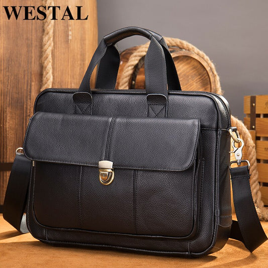 WESTAL Bag Men Leather Laptop Bags 14 Men&#39;s Briefcases Business Man Bag for Document Black Men&#39;s Shoulder Bags Portfolio 315