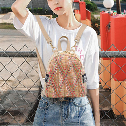 3 In 1 Anti Theft Women Straw Small Backpack Handmade Rattan Tassel Crossbody Girls Travel Bag Summer Beach Shoulder Bag