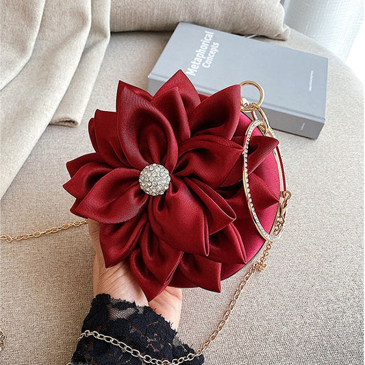 Red Flower Clutch Purse  Women Round  Evening Bag Crystal Diamond Wedding Silk Handbag Exquisite Chain Shoulder Bags FTB154