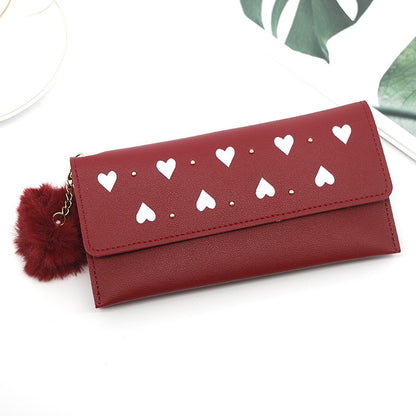 PU Leather Luxury Wallet for Women Card Holder Pure Color Heart-shaped hair Ball Female Purses Long Clutch Carteras