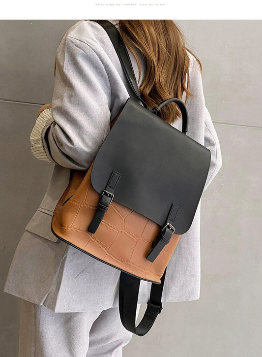 Backpack Women&#39;s New Leather Color Matching Cowhide Women&#39;s Bag Simple Backpack Women&#39;s Schoolbag