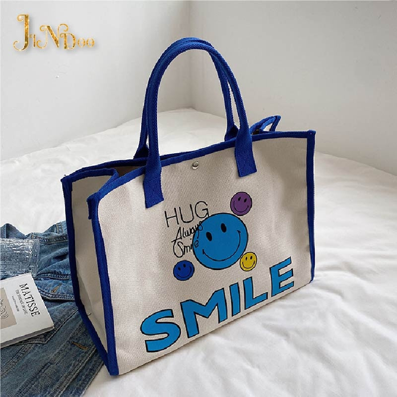 NEW Casual Canvas Women Cute Smile Handbag Large Capacity Handle Bag Shopping Tote Bag Fashion Simple Shoulder Bag Environmental