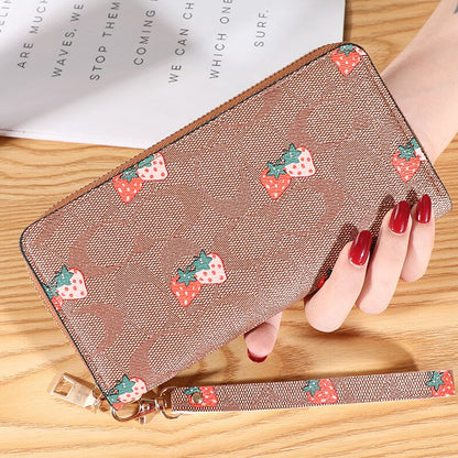 Strawberry Print Wrist Wallets Zipper Coin Long Purse Handbag Women Clutch PU Leather Moneybag Billfold Phone Card Holder Wallet